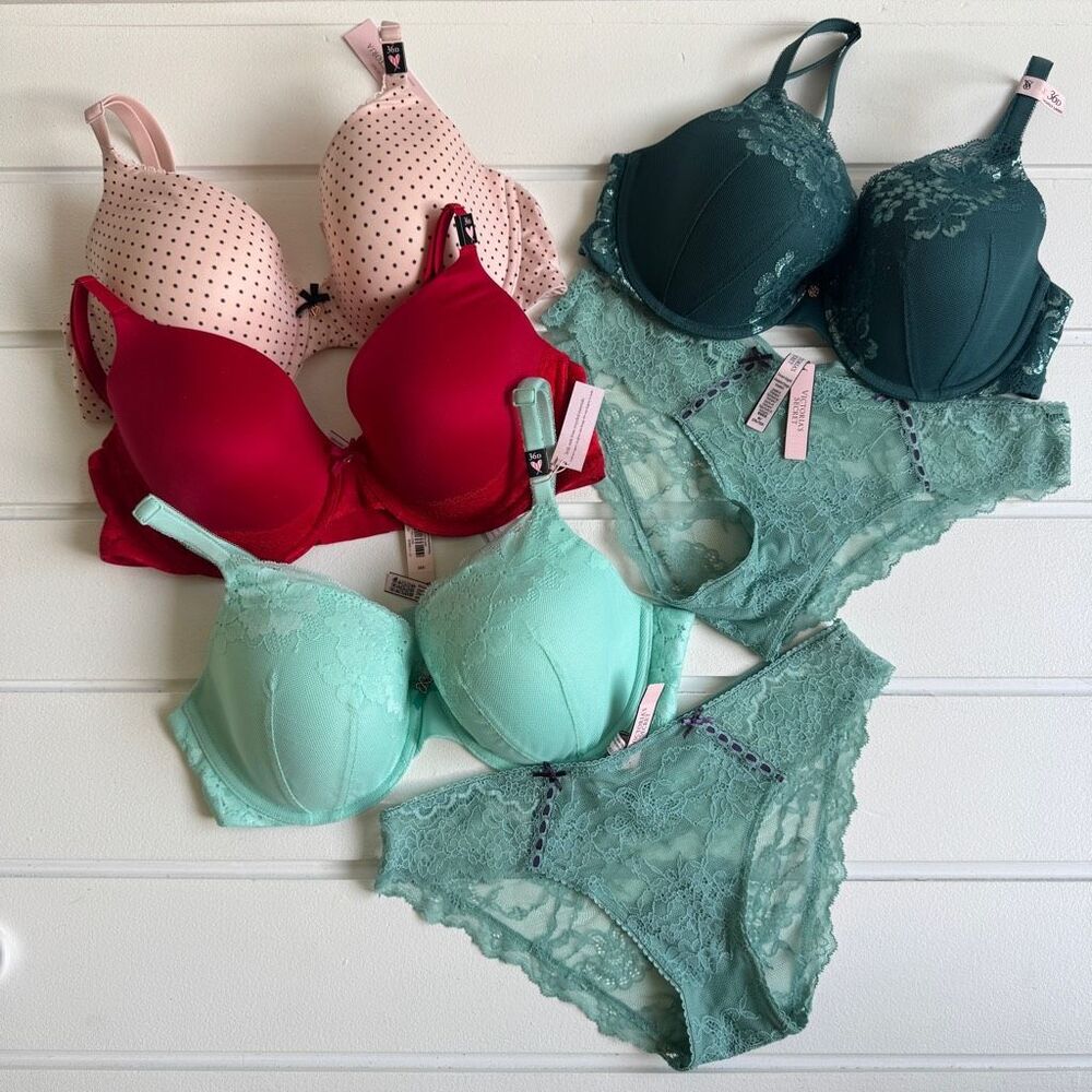 VS Body By Victoria Lined Perfect Coverage Bras & 2 Dream Angels Panty 36D/M NWT